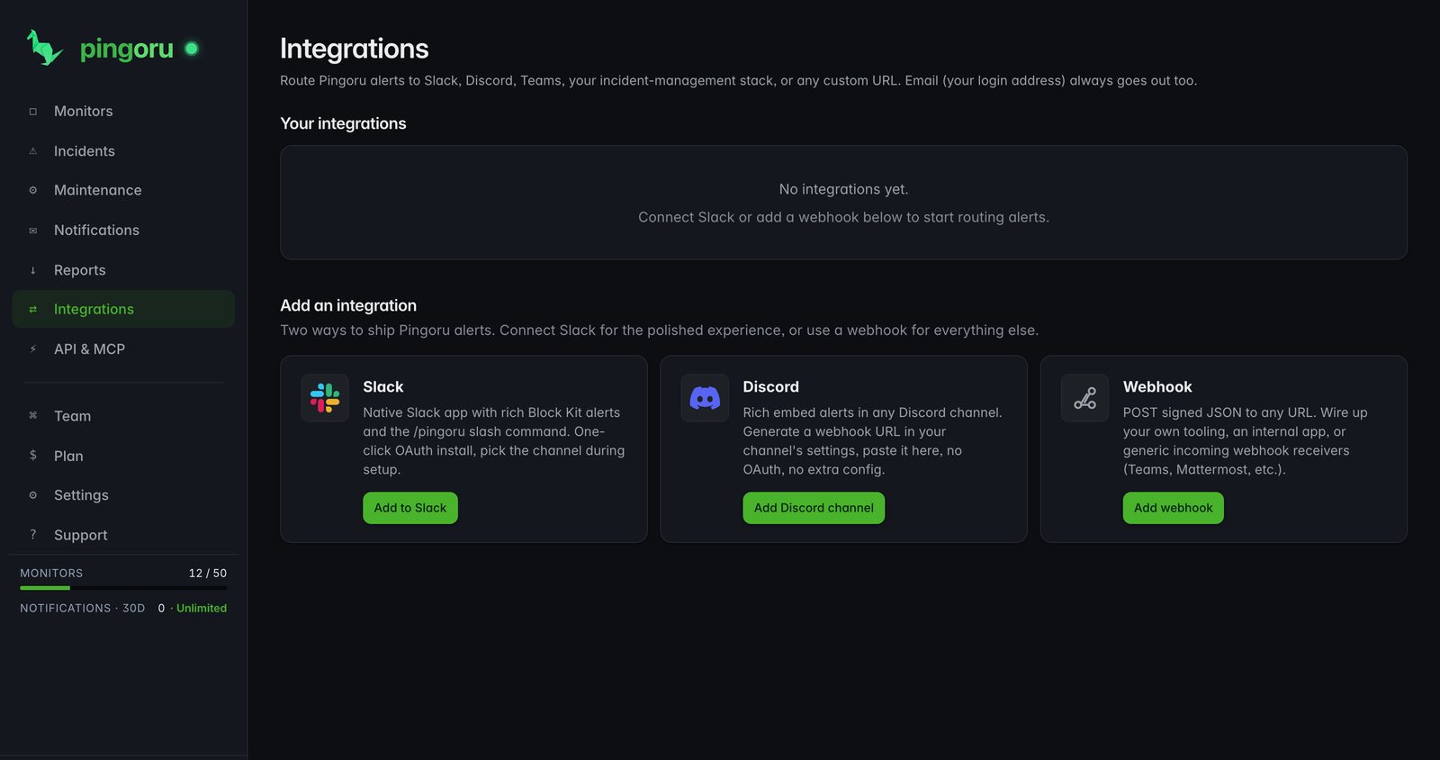 Pingoru integrations page with Slack, Discord and webhook