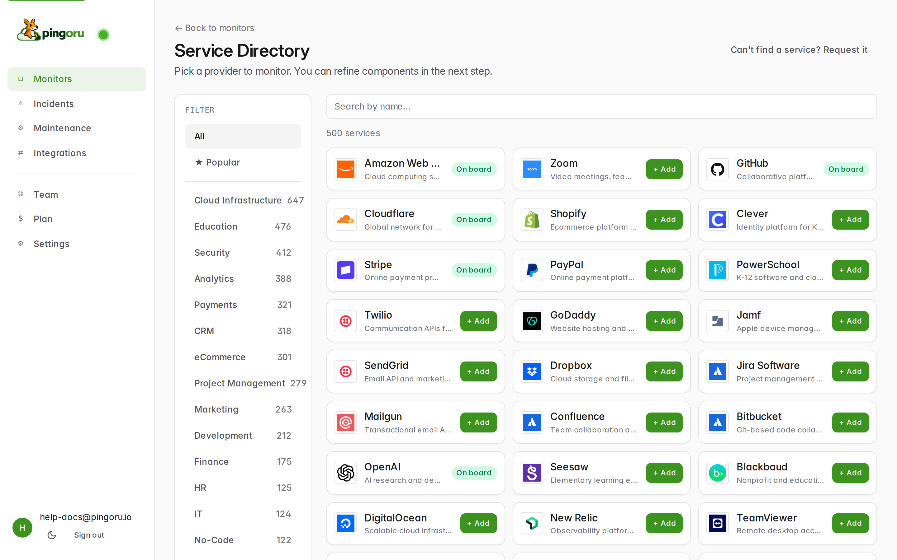 Service directory showing categorized list of providers with an Add button next to each.