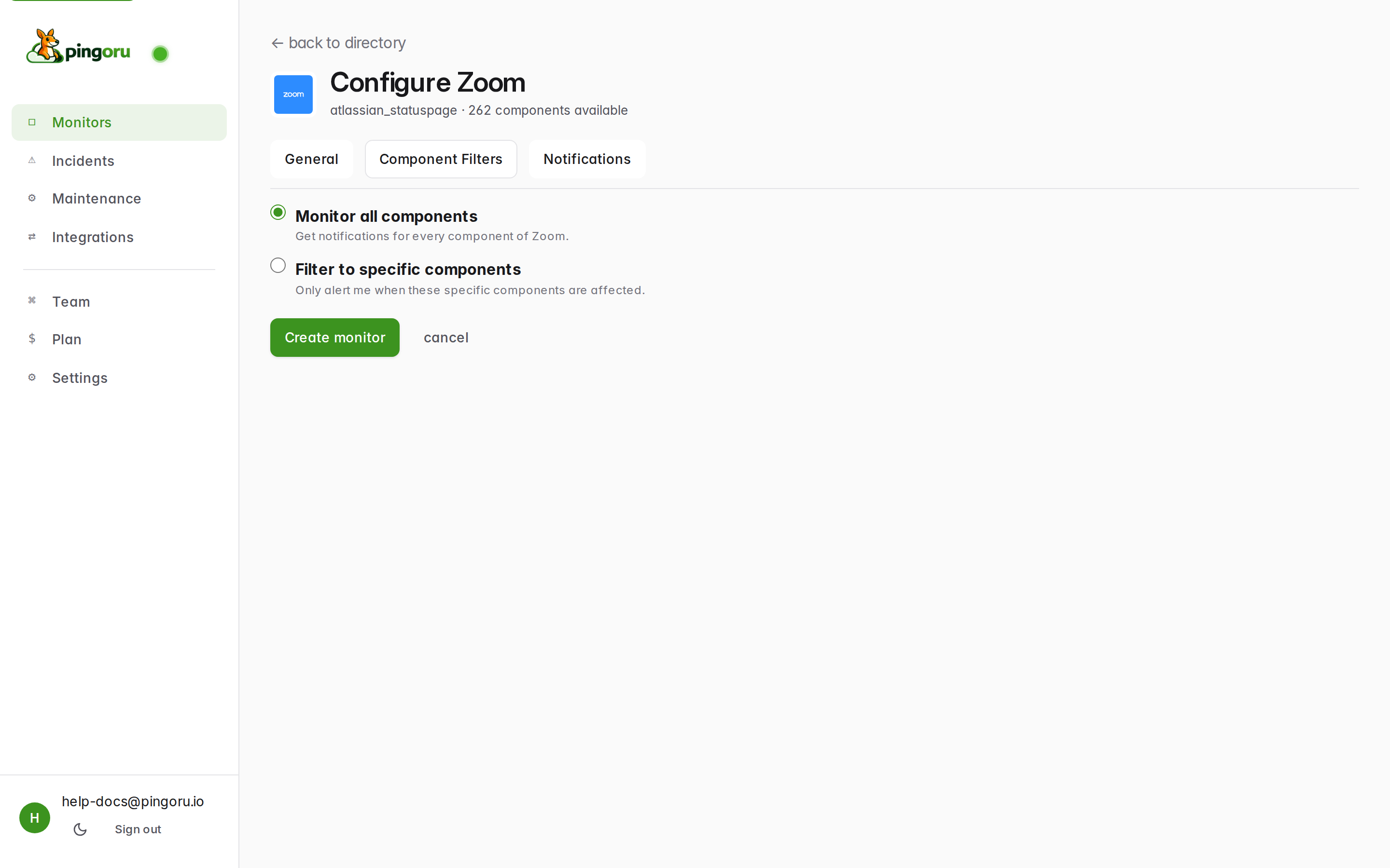 Configure Zoom screen with Monitor all components selected by default.