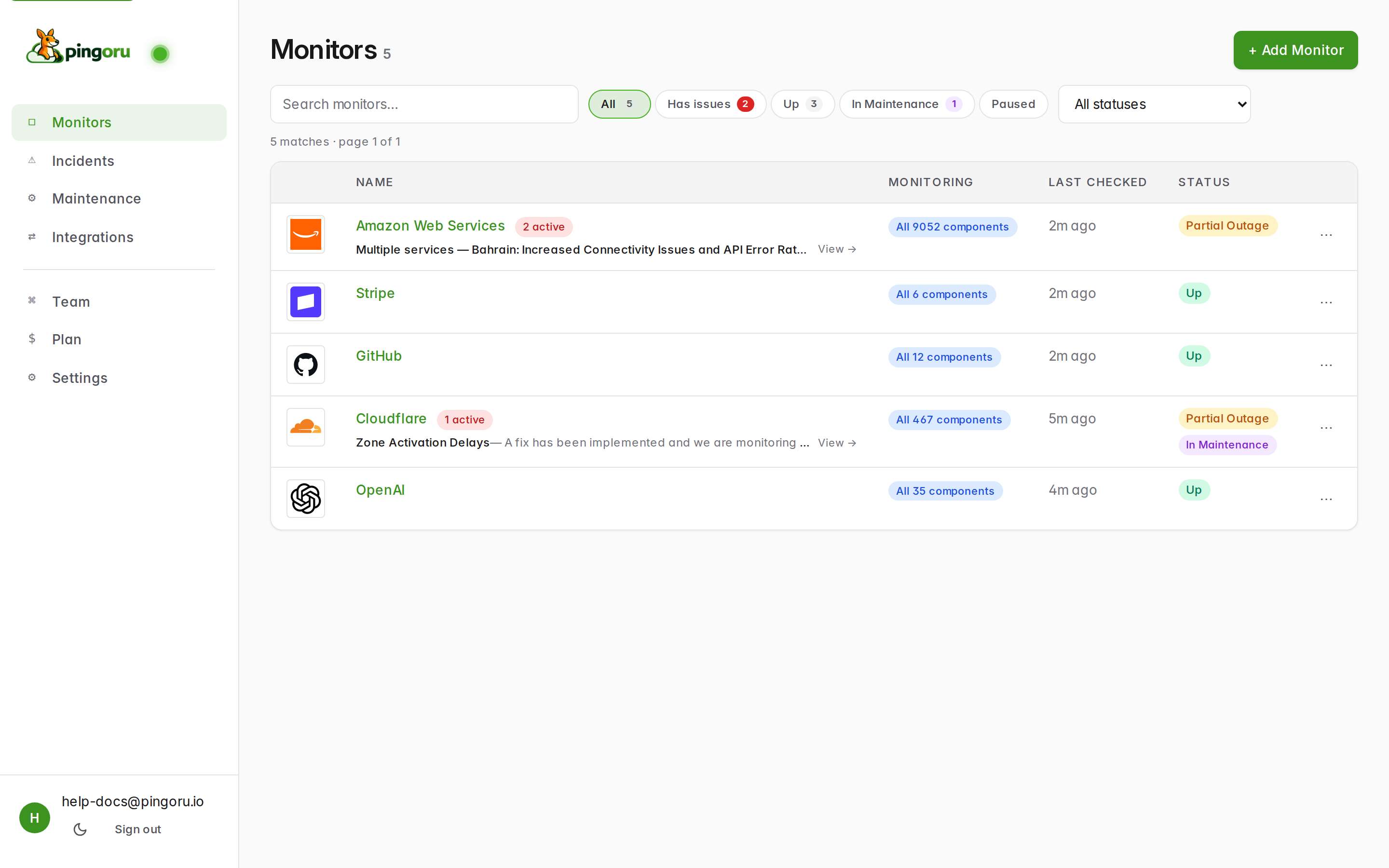 Monitors list showing five providers with status pills, active-incident counts, and filter chips at the top.