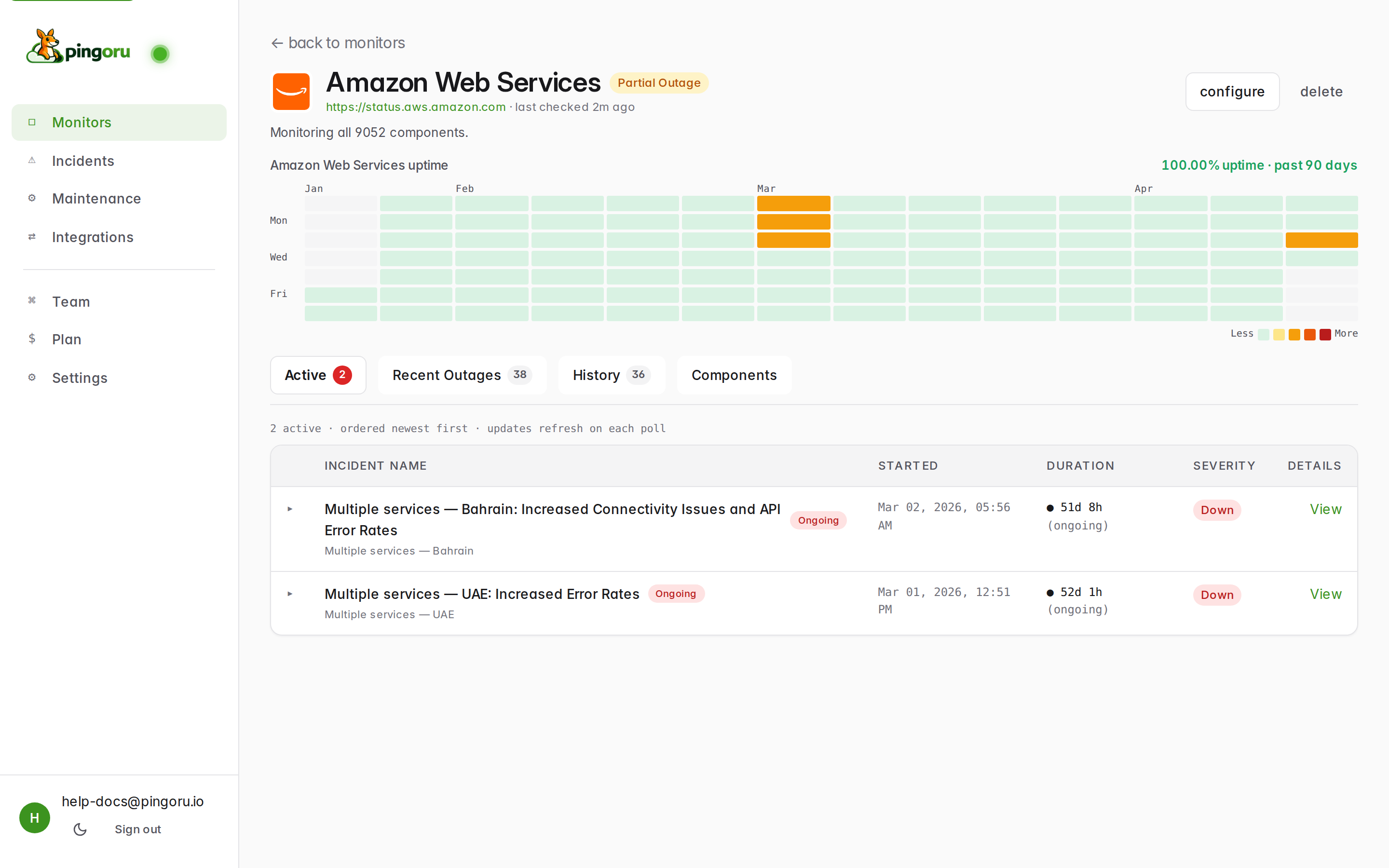 Monitor detail page for Amazon Web Services showing an uptime heatmap and tabs for Active, Recent Outages, History, and Components.