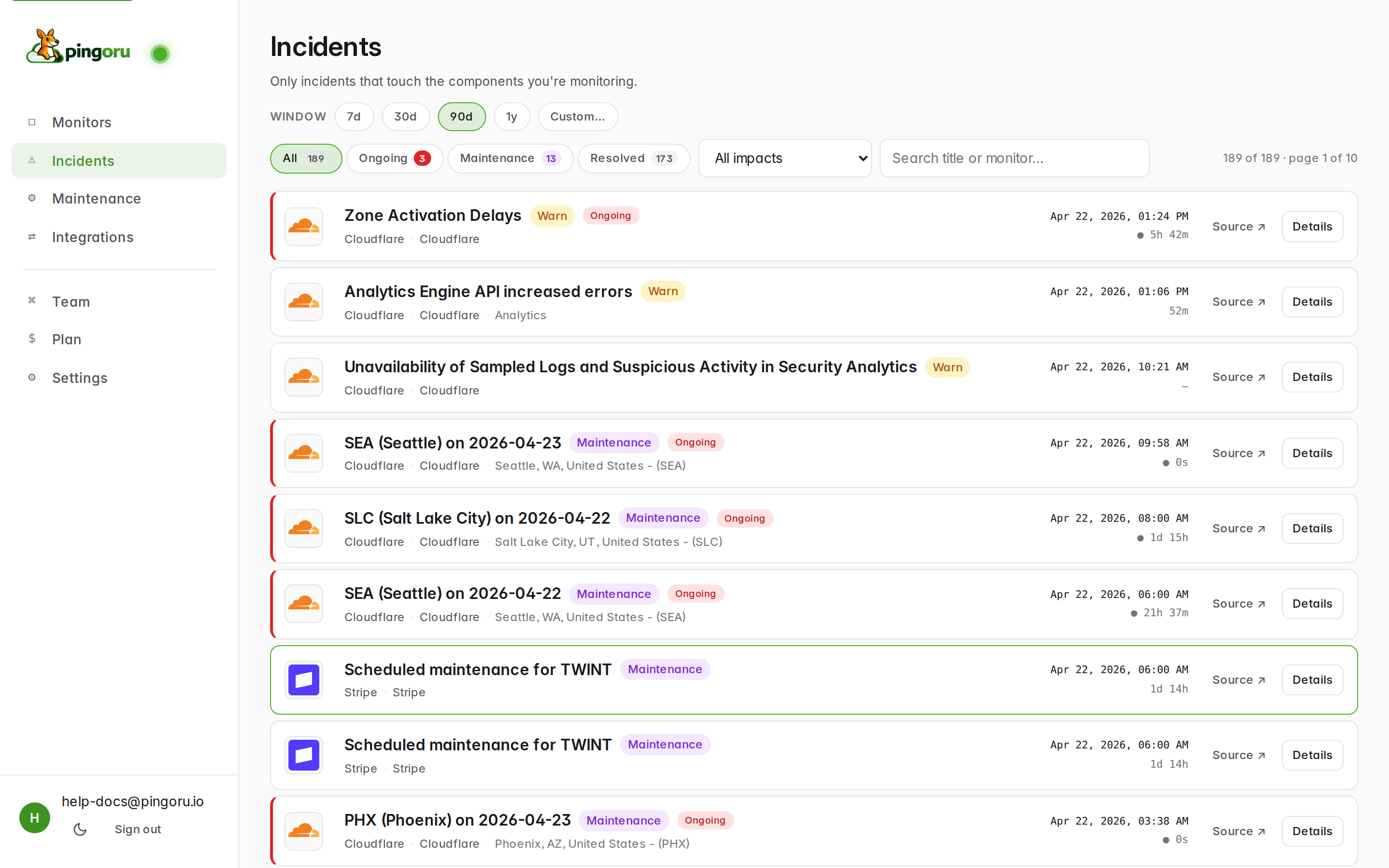 Incidents feed with time-window selector, filter chips, and a scrollable list of incidents with provider logos.