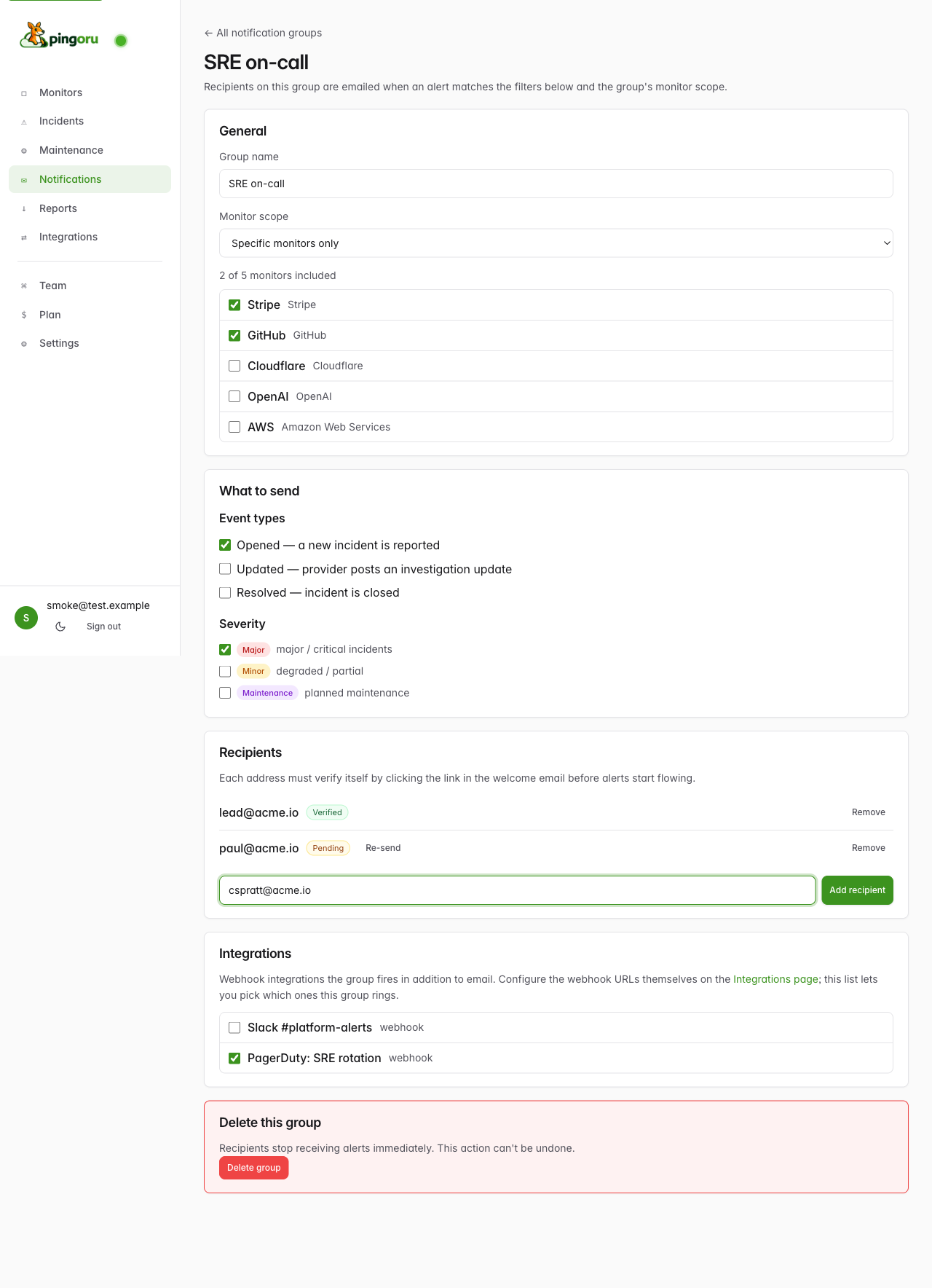 The full group editor page with sections for General (name + scope), What to send (event types + severity), Recipients, and Integrations.