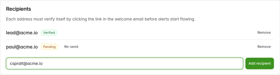 Adding a new recipient to a notification group via the Add recipient form.