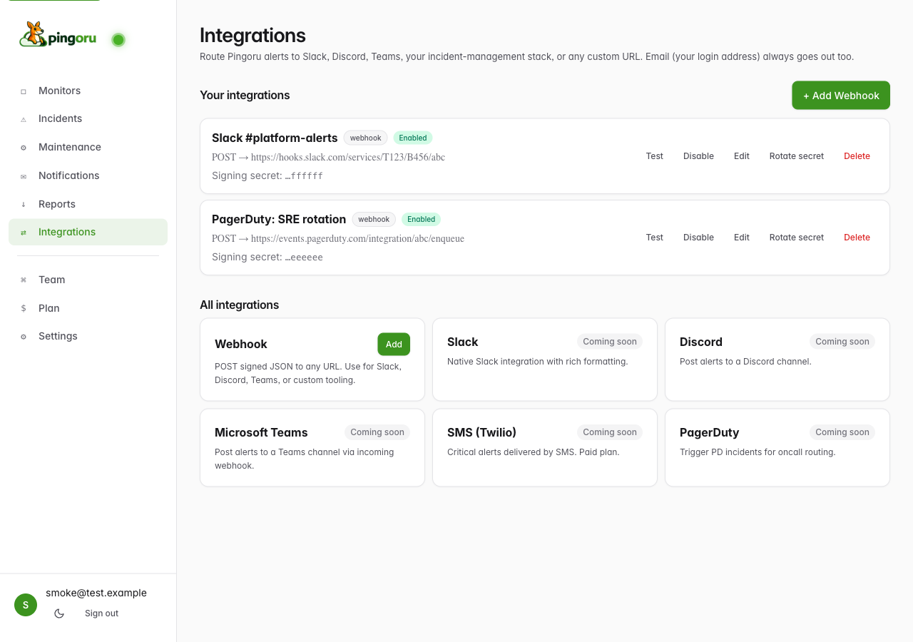 The Integrations page with an Add integration button and tiles for Webhook, Slack, Discord, Teams, SMS, PagerDuty.