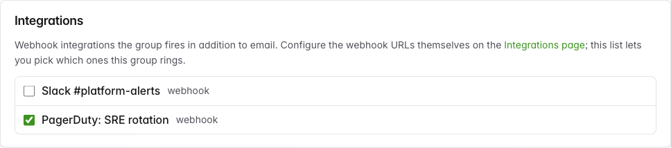 The Integrations section of a group editor with one webhook integration ticked and one unticked.