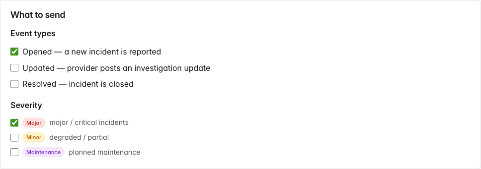 The What to send section showing checkboxes for Opened/Updated/Resolved event types and Major/Minor/Maintenance severity tiers.