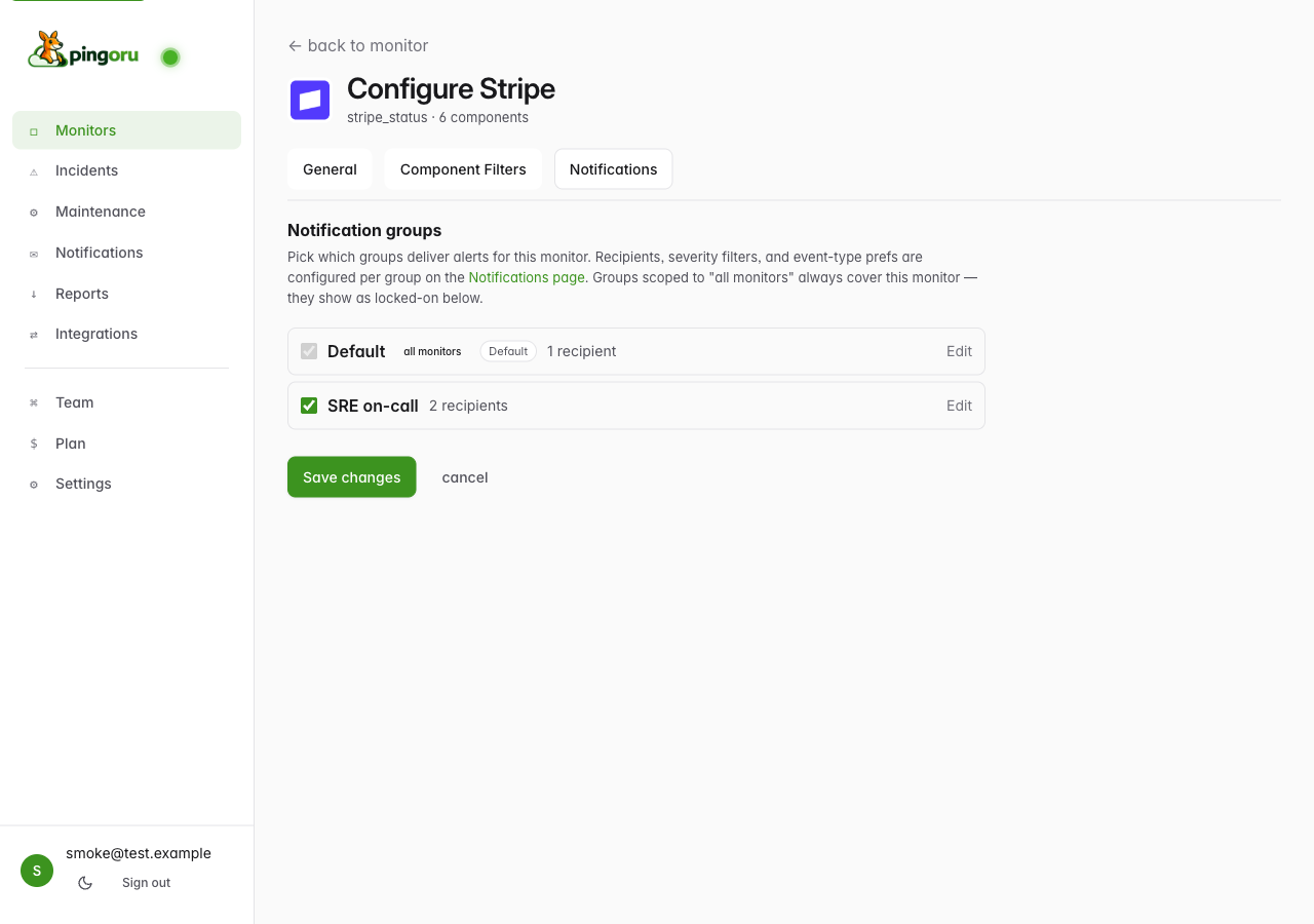 The monitor configure page Notifications tab showing a list of notification groups with checkboxes; the Default group is locked-on with an 'all monitors' badge.